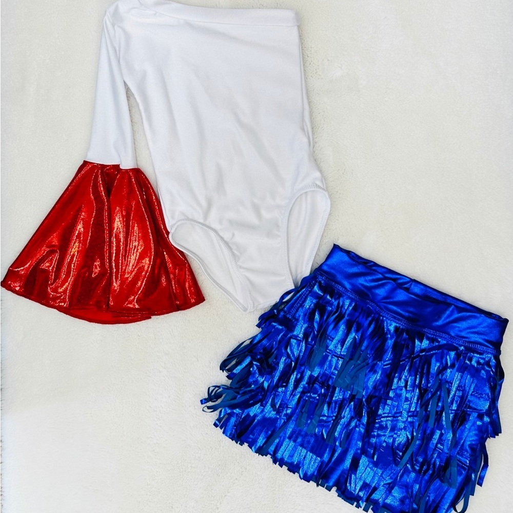 WholesomeGoodsCo RWB Patriotic Fringe Skirt + Red and White Bell-sleeve Leotard